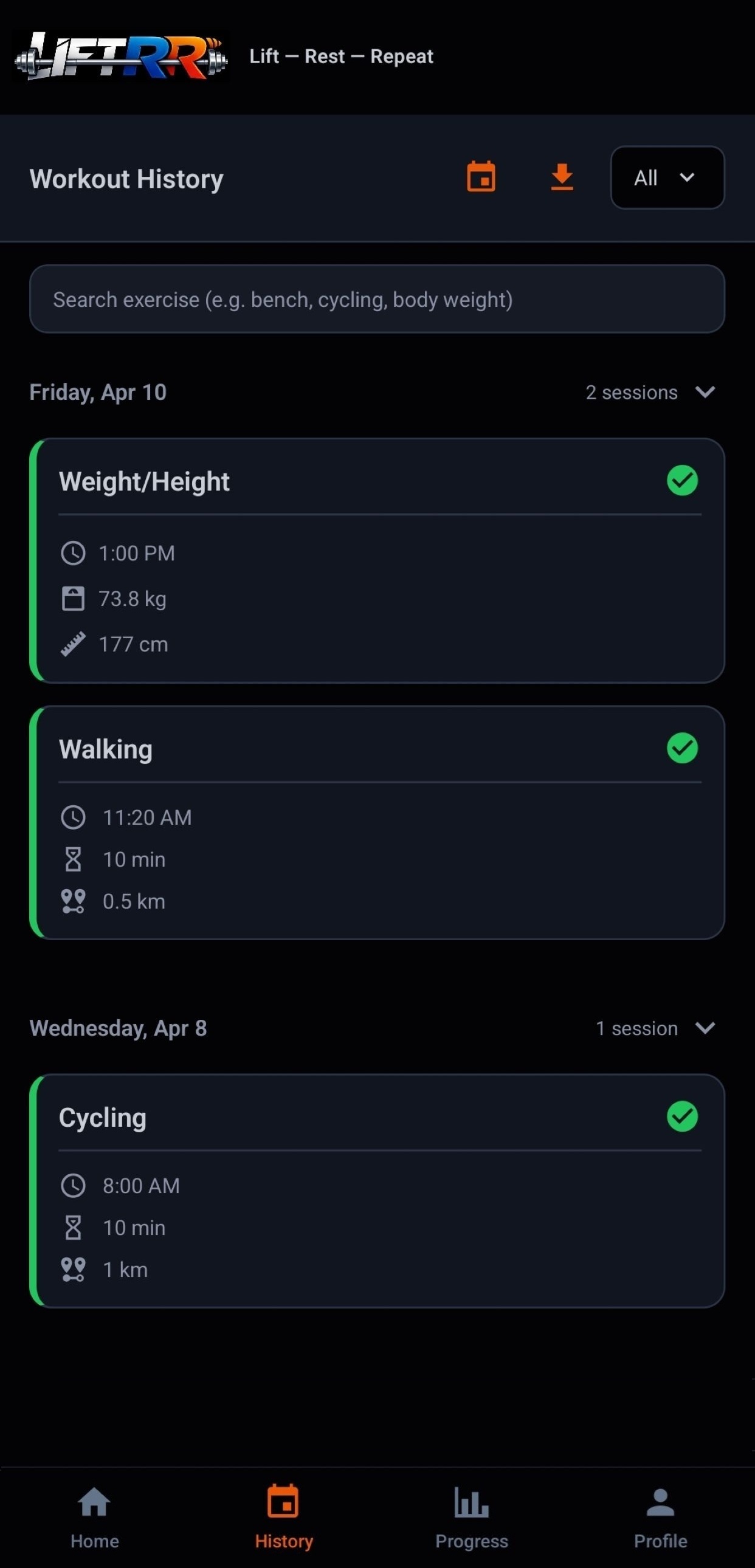 View workout history