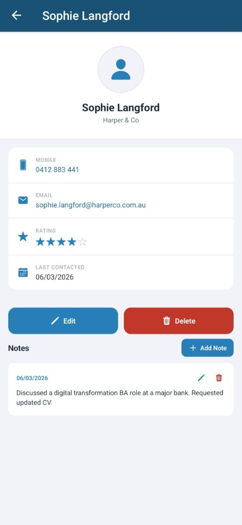 RecruiTrack – view recruiter with notes